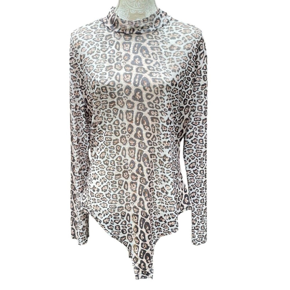 Leopard Print Mock Neck Long Sleeve Top mesh bodysuit Cream Brown size 4X